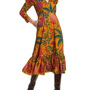 FARM Rio Puff Sleeve Midi Dress in Vibrant Yellow Floral Small